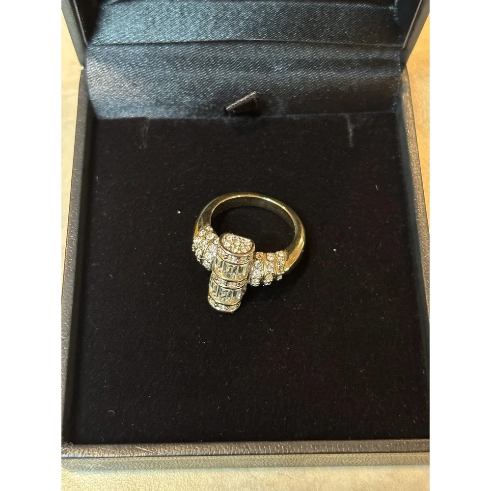 Stunning & Unique Baguette & Round Encrusted Gold Plated Ring Size 5.75 Stamped
